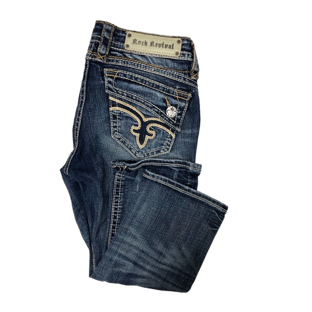 Rock Revival Johanna Women’s 27x19 Blue Denim Jeans Capri Distressed